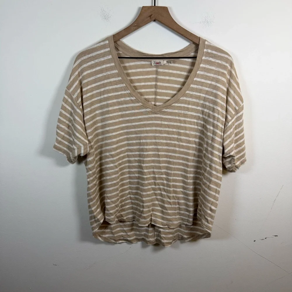 Faherty Women Cream Oceanside 100% Linen V Neck Top Size XL Beach Resort Stripes - Picture 2 of 6